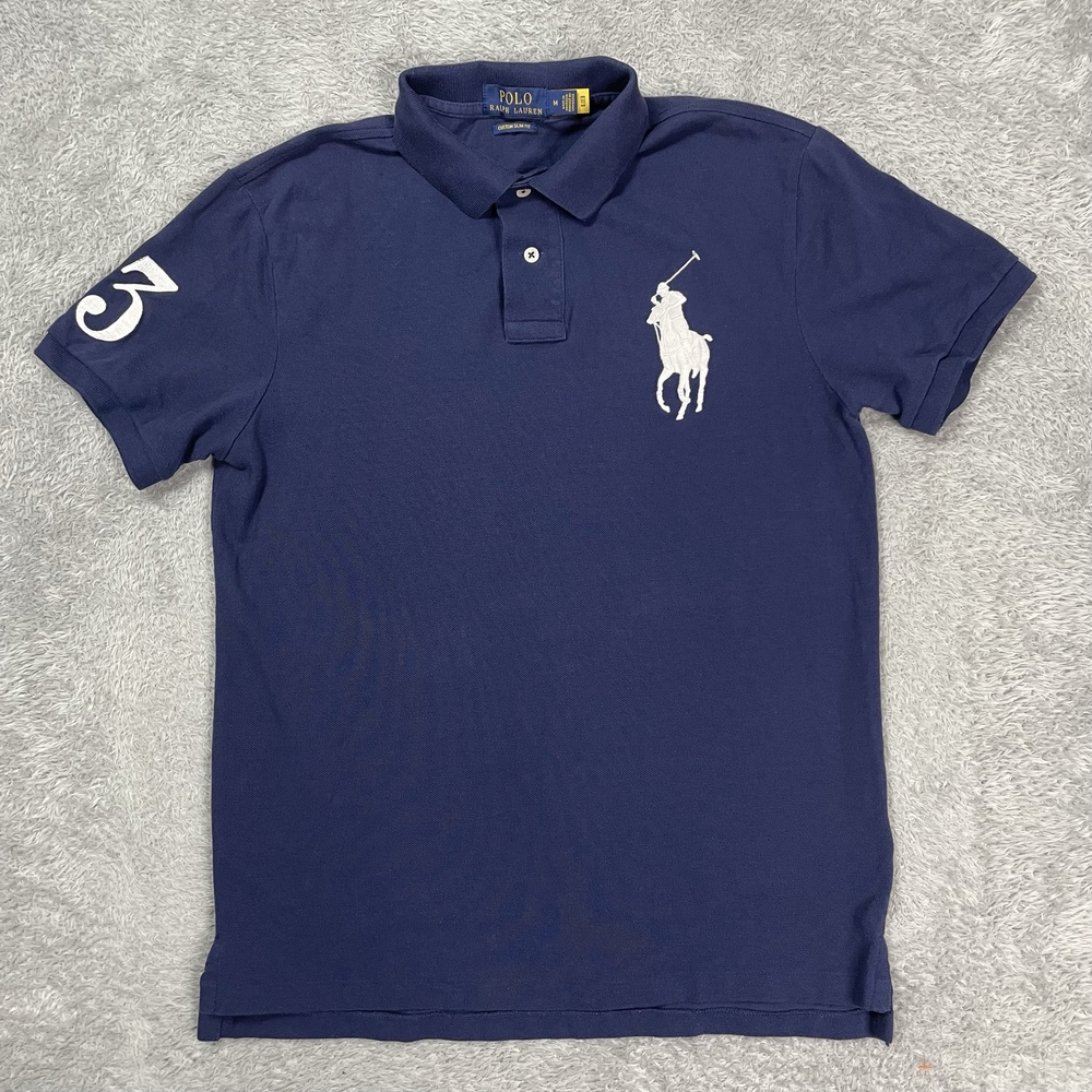 Polo Ralph Lauren Polo Shirt Mens M Blue Big Pony Short Sleeve 3 Patch Slim Fit